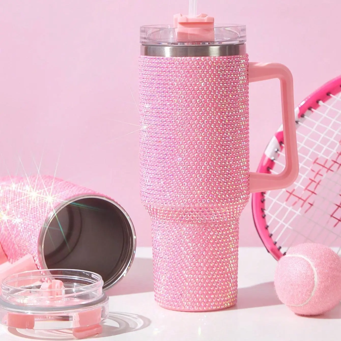 40oz Stylish Rhinestone Decor Stainless Steel Glitter Vacuum Insulation Tumbler, Portable Bathroom Drinkware with Handle & Straw for Home, Outdoor Camping, Office