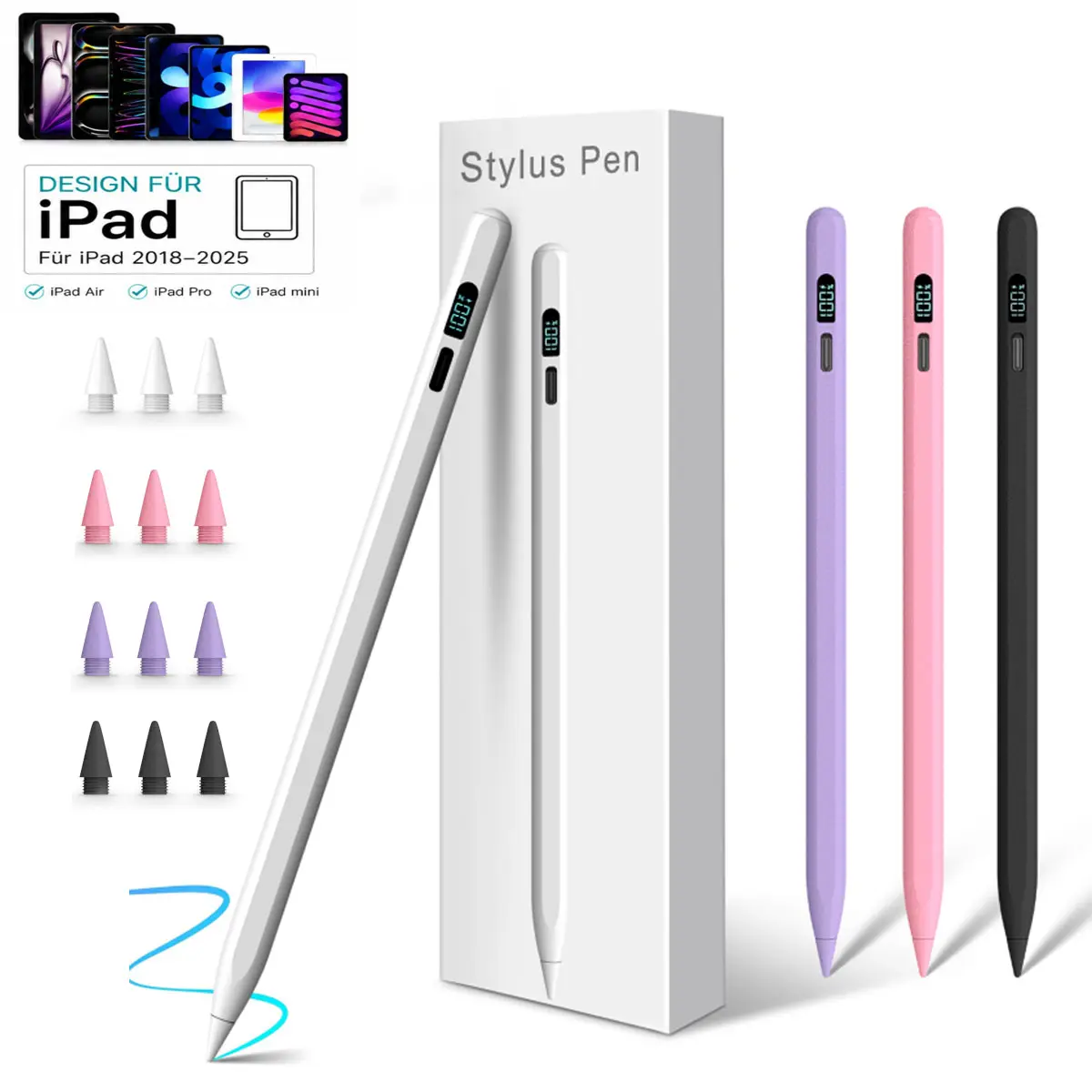 MEKO LED Stylus Pen for iPad 10/9/8/7/6th Gen, Pro 12.9"/11"/M4, Air 5/4/3/M2, Mini 6/5 - Fast Charge, Palm Rejection, Tilt Sensitivity, LED Power Display, Wireless, Portable Bluetooth Button