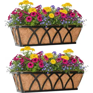 Window Deck Railing Planters Boxes with Coconut Liner, The Bottom Flat Window Boxes Planter Flower Boxes Metal Black Balcony Planters Railing  for Outdoor Fence Porch Patio Lawn(2Pcs 30 Inch)