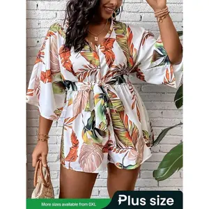 ��Plus Size��Women's Tropical Leaf Print V Neck Romper, Boho Bohemian Loose Fitted Tie Front Zipper Back Romper, Women's Plus Clothes for Summer, Womenswear, Vneck, Lady Casual Romper(Sheet)