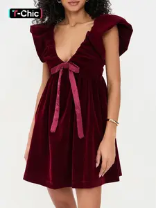 Women Velvet Puff Sleeve V Neck Bow Mini Dress Sexy Occasion Cute Club Wear Velour Party Dress Formal Wear