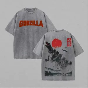 Men's Short-Sleeve Cotton Distressed Washed Godzilla Cartoon T-Shirt - Vintage Streetwear, Casual, Sports-Ready, Figure-Flattering Unisex Menswear Top, Shortsleeve, Tshirt