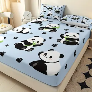 3-Piece Bed Sheet Set with Cute Panda Print, Breathable Polyester Fiber, Includes Pillowcases, All-Season Use