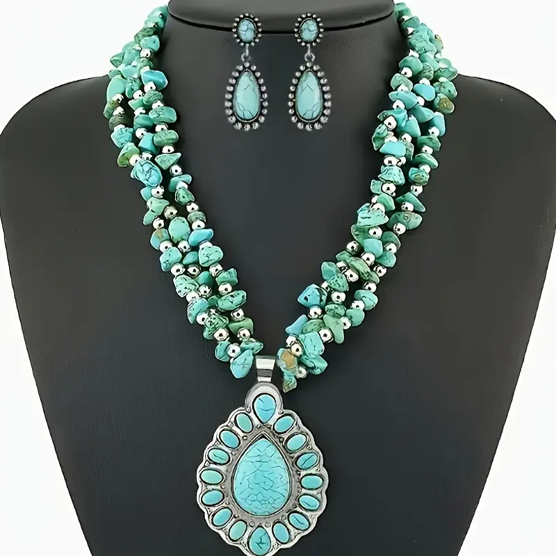 2-piece Set Vintage Turquoise Necklace And Earrings Set New Style Green Turquoise Set