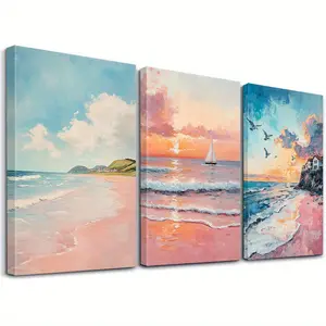 A set of 3 framed beach sunset wall art pieces, dreamy seascape murals, tranquil landscape art prints, coastal canvas printing, home décor, room aesthetics, framed high-definition printing, ready to hang and use.