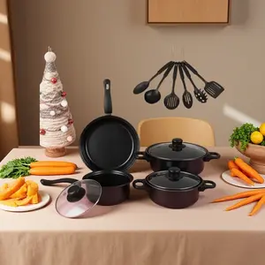 13 piece home kitchen cookware set with thick cast iron pot and nonstick pans compatible with induction and gas stoves