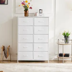 Tall Fabric Storage Tower Dresser with 10 Drawers and Wood Top for Bedroom