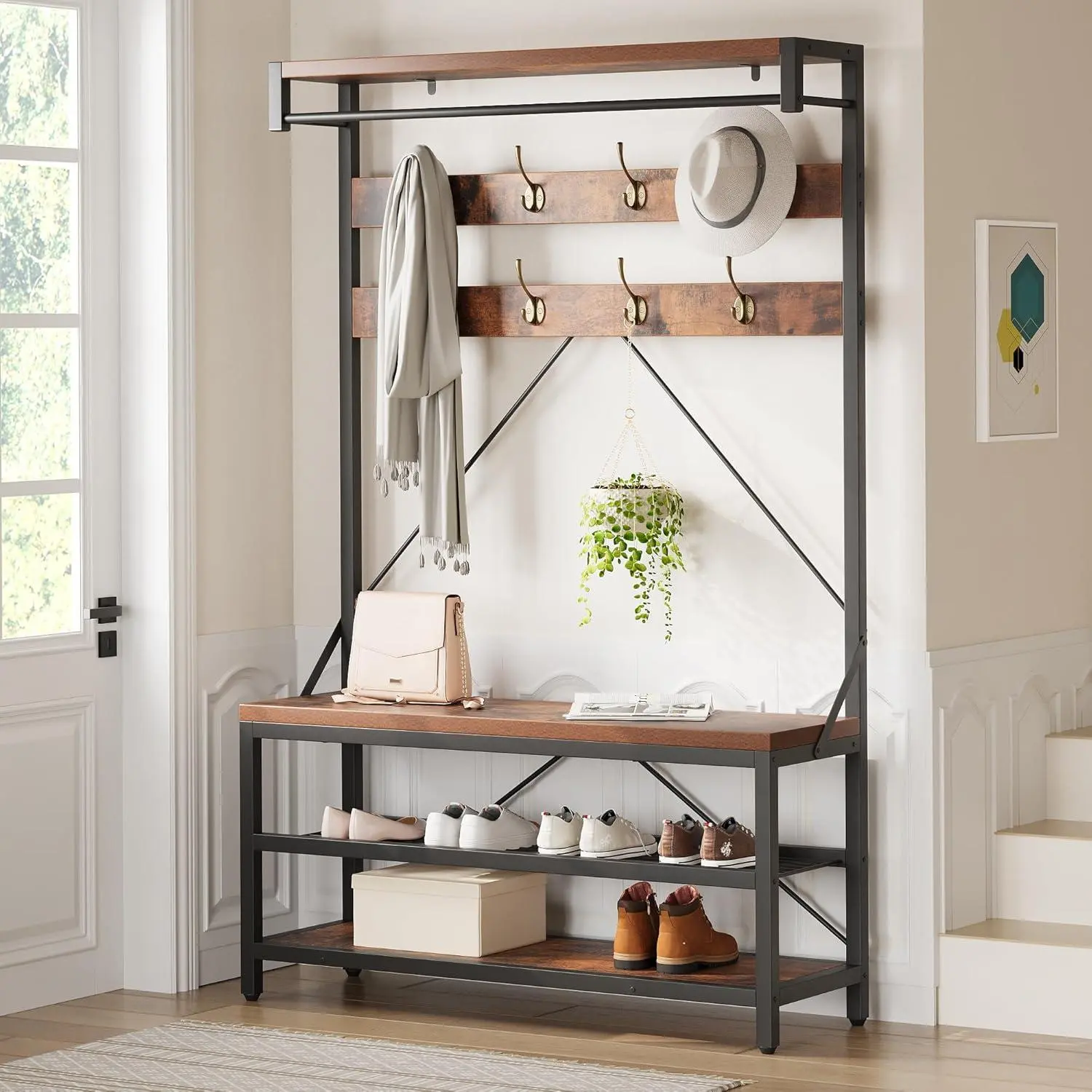 Gaomon Sturdy MDF Wood Single Seat Entryway Hall Tree - Rustic Brown Industrial Coat Rack, 39.97”L x15.7”W x72”H Easy-Install Adjustable Steel Wall-Mounted Unit with 8 Hooks, Storage Shelf, Hanging Bar, Shoe Bench Organizer