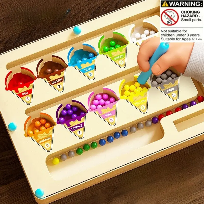 Wooden Color & Number-Matching Ice Cream Maze Toy, 1 Set of Colorful Counting Maze Puzzle Board Toys, Educational Puzzle Game Toy for Boys & Girls, Wooden Peg Puzzles