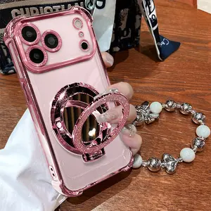 Women's Phone Case with Mirror & Stand for iPhone 17 ProMax/Pro/Air. Features a pink chrome alloy frame, high-definition transparent material, reinforced corner protection, and full-body drop-resistant design.