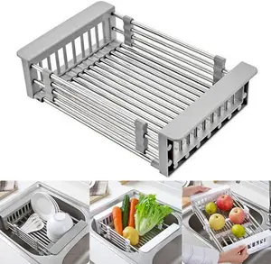 Stainless Steel+ABS Rectangular Single-Layer Dish Drying Rack, Expandable Over-The-Sink Home Organiser with Retractable Drain Basket and Adjustable Armrest