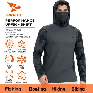 【RODEEL】915 Sun Hoodie Shirts w/ Mask Neck Gaiter Men UPF 50+ UV Protection Long Sleeve Lightweight Quick Dry Moisture Wicking Breathable Cooling Athletic Activewear for Outdoor Fishing Boating Hiking Cycling Construction Roofing Gardening Tree Service
