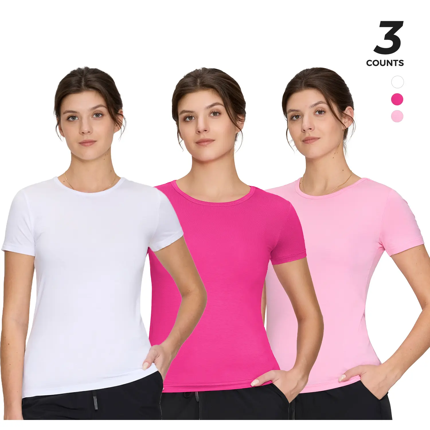 3-Pack Underscrub Short Sleeve for Women (White, Hot Pink, Pink)- Soft Stretch Round Neck Summer Undershirts