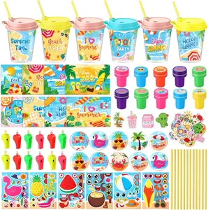 Summer Spring Gift 146 Pcs Summer Party Favors, DIY Stickers Button Pins Badges Stampers Lids Straws Cups Cards Whistles for Beach Pool Summer Birthday Party Favor Supplies Hawaiian Tropical Tiki Aloha Gift Sets