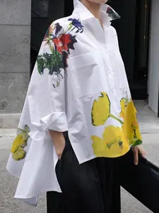 UOOZEE Women's Long Sleeve Button-Front Floral Print Stand Collar Loose Aesthetic Blouse, Adjustable Fit Womenswear Top for Spring & Fall Casual Fashion Chic Casual Fit