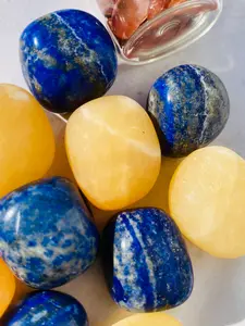 Set of 4 Natural Crystal Rolling Stones, 2 Lapis Lazuli and 2 Calcite, Unique Irregular Polished Stones for DIY Crafts and Bohemian Home Decor Crystal Pebble