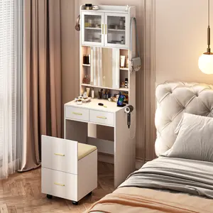 Small Vanity Desk with Sliding Mirror and LED Lights, Makeup Table with Charging Station and Storage Shelves, Corner Vanity Set with Storage Stool