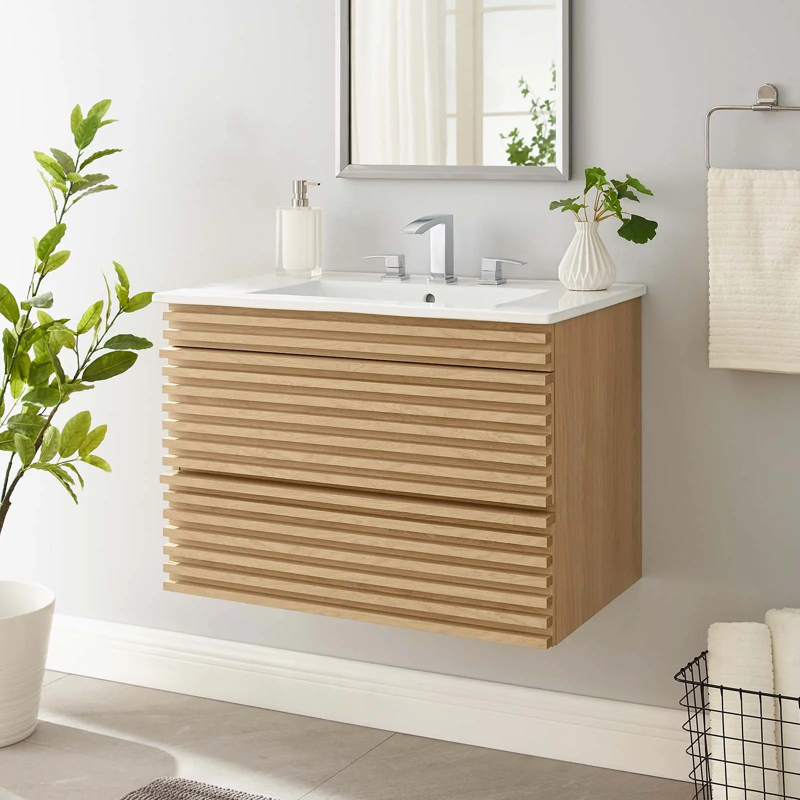 Modway Render 30" Wall-Standing Vanity Cabinet - Retro & Modern Style, Wall Cabinet, 30" Ceramic Basin Top, Oak White Finish Bathroom Vanity