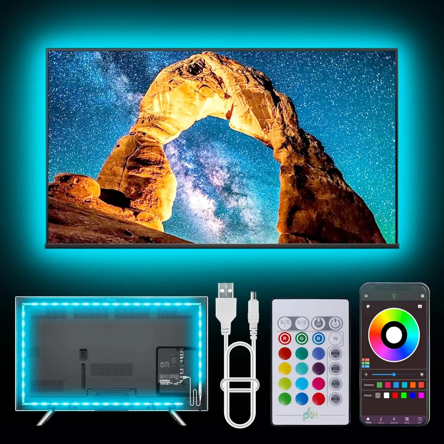 RGB LED TV Backlight Strip, 20ft Adjustable & Vibrant RGB Lighting for 32-80 Inch TVs, Music Sync Color Changing, USB-Powered with Remote & App Control, Adjustable Rgb Lighting