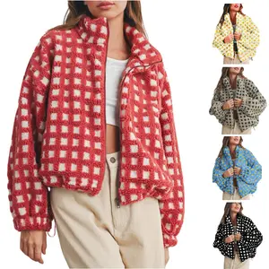 Molitree Women's Long Sleeve Cropped Sherpa Fleece Plaid Jacket Casual Chunky Teddy Fleece Outerwear with Zip Front Closure & Adjustable Drawstring Bottom Edge Winter Baggy
