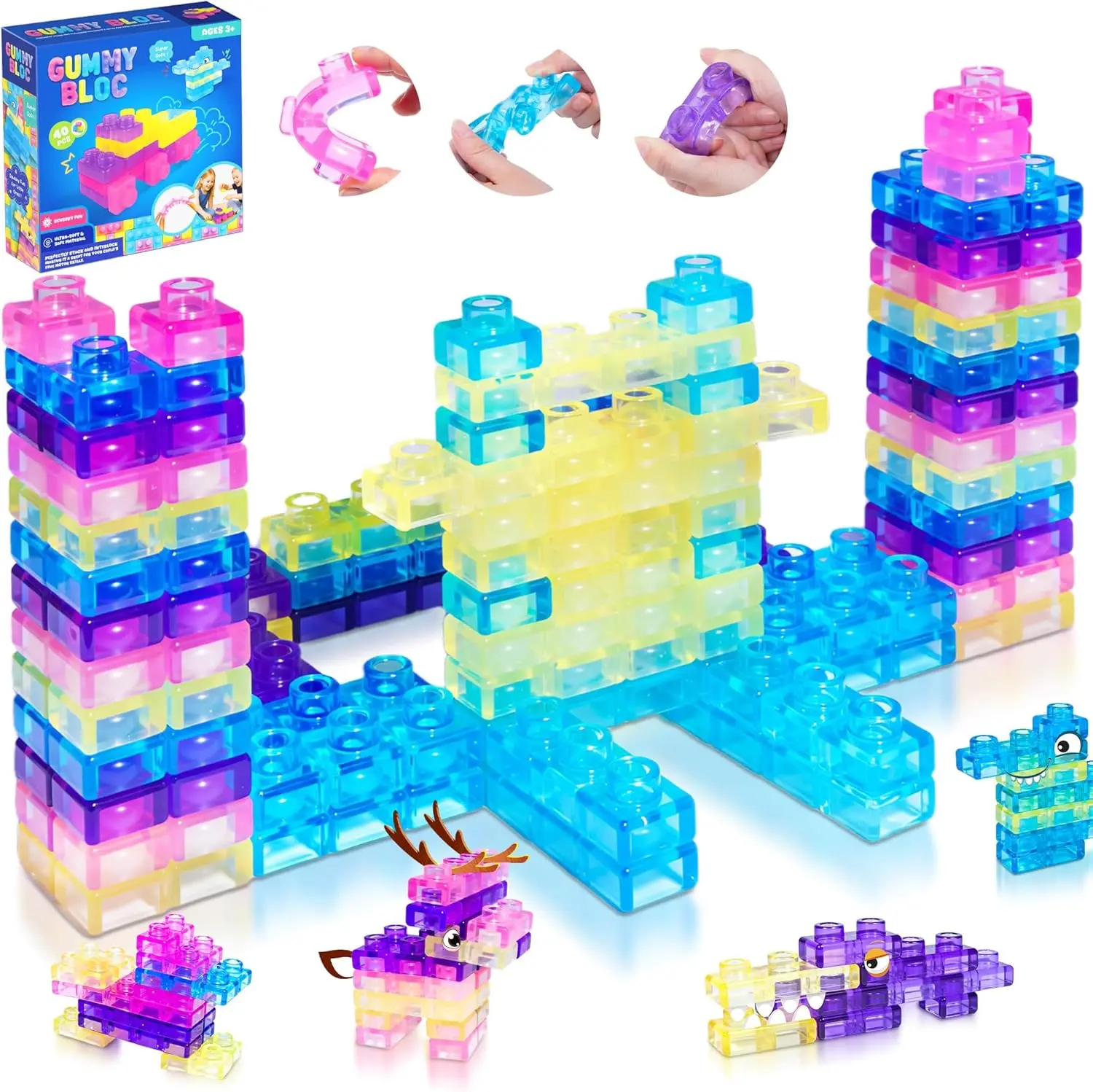 40 PCS Unisex Montessori TPE Rubber Sensory Soft Building Blocks - Toddler Toys for 3-4 Years, Open-Ended Play Construction Set, Squeezable Stretchable STEM Fine Motor Activity Tool, Children Development Toy