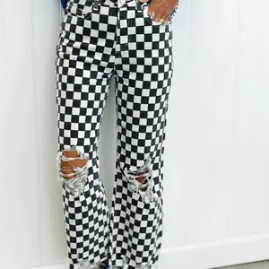 Checkered Cropped Pants with Distressed Details and Bold Checkered Pattern for a Stylish Look