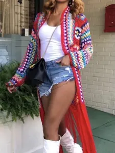Women's Boho Style Bohemian Colorful Crochet Hollow Out Cardigan, Light Fringe Tie Beach Cover-Up, Long Sleeve Loose Fit Casual, All Seasons