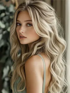 Blonde Ombre Highlight Wavy Lace Front Synthetic Wig Heat Resistant Fiber 13x4 HD Lace Free Part Pre-Plucked Hairline Natural Look 28-Inch Low Shine Texture Wig