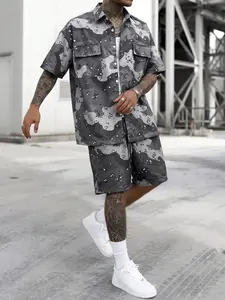Y2K Camo Print 2-Piece Set Men, Grey Camo Shirt & Drawstring Shorts, Streetwear Casual Outfit for Daily Wear, Vacation, Outing #springsaledeals2026 #summeroutfits #fyp #mensfashion