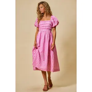 Cherish Gingham Midi Dress in Pink