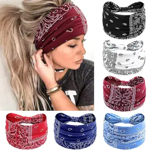 Women's 6-Pack Boho Knotted Headbands, Non-Slip Wide Turban Hair Wraps, Soft Stretchy Polyester Paisley Hair Accessories for Workout & Daily Wear, Styling Unisex Hairbands,summervibes