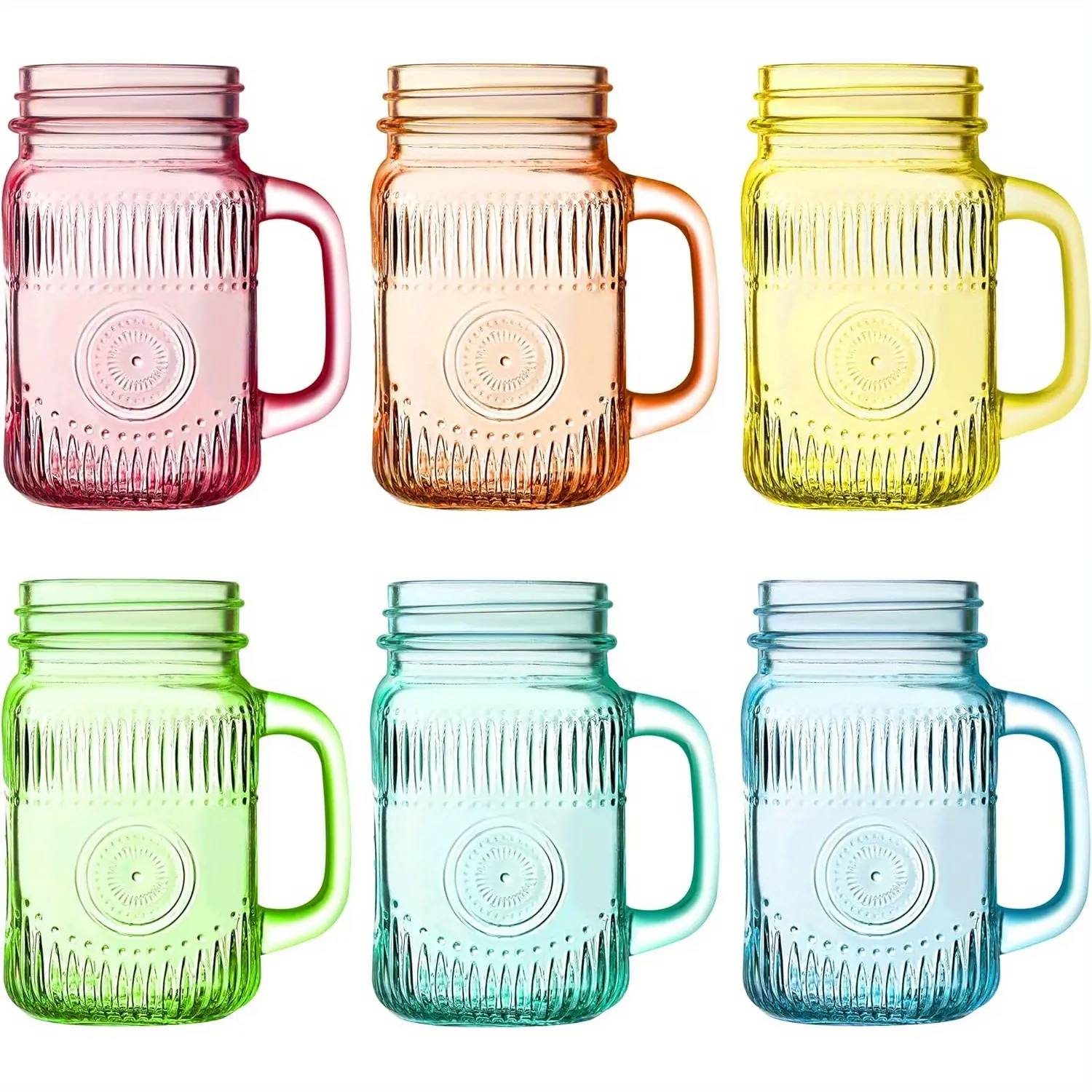 6pcs Retro Colored Glass Mason Jars with Comfortable Handle - 16 oz Decorative Glass Storage Bottles & Jars, Glassware Home Organizer, 6-jar Party Set Great for Home Gatherings