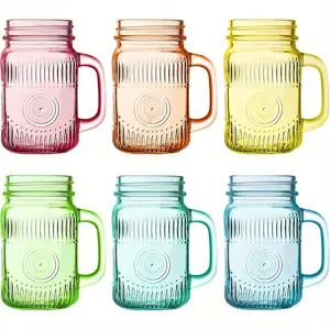 6 pcs Vintage Colored Drinking Glass Mason Jar 16 OZ with Comfortable Handle for Party Beverages Drinkware Tin