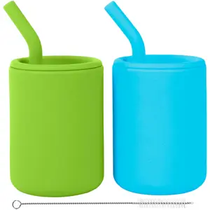 WeeSprout Silicone Baby Cups With Straws and Lids, 4 & 8 oz Options, Set of 2, Food Grade Toddler Training Container, Built In Straw Stoppers