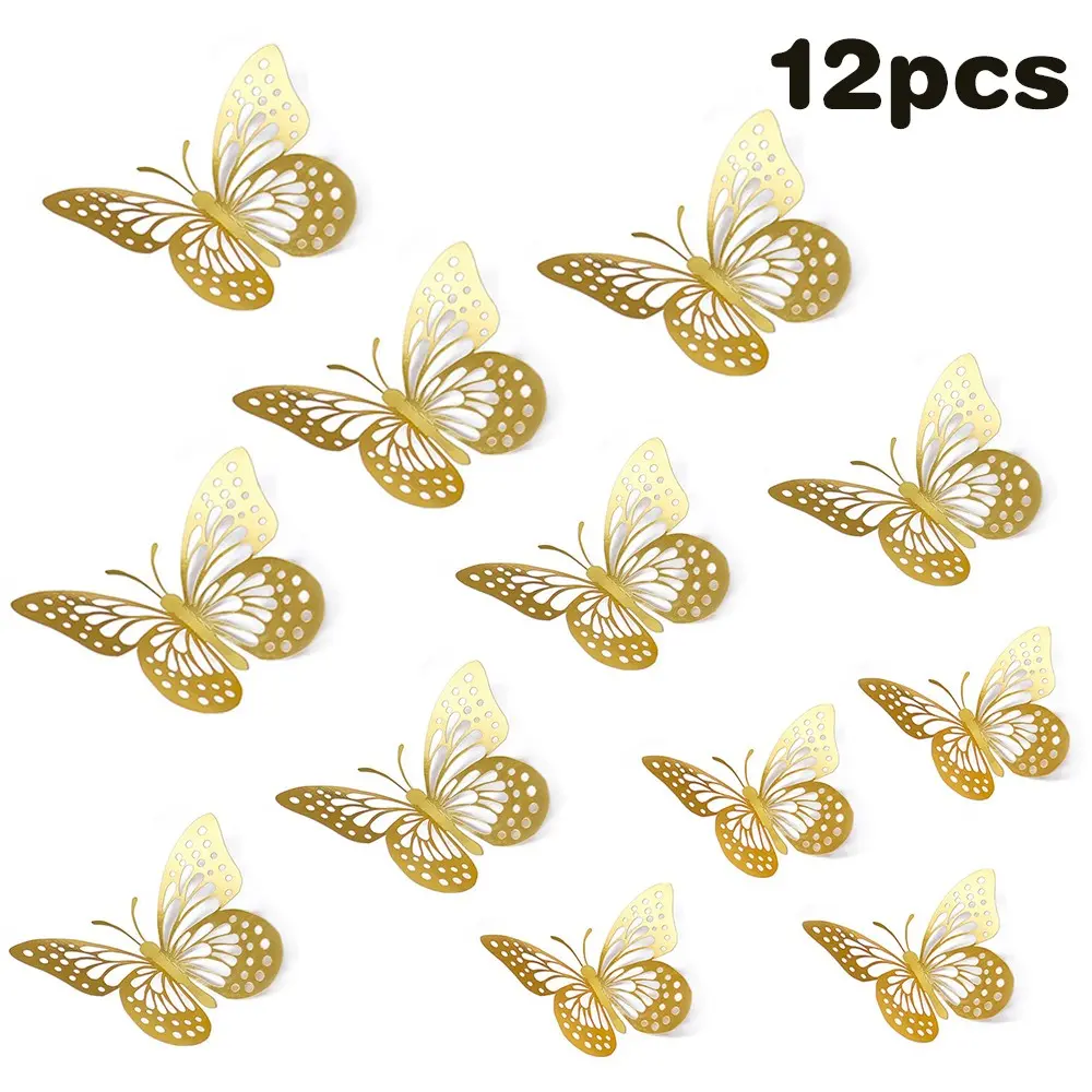 12-Pack 3D Butterfly Decorations, 3 Sizes & 4 Styles with Cutout Golden Design for Wall, Flower Arrangements, Wedding, Birthday Party & Home Decor, Decor for Weddings, Festive Home Decoration, Home Decor Ornament, Ornaments Decor, Butterflies Decorations