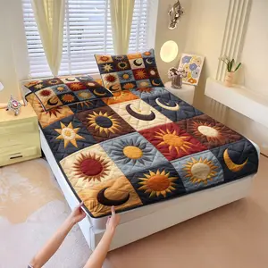 3Pcs Sun and Moon Pattern Patchwork Boho Fitted Sheet Set,Bohemian-Themed Bedding Set,Blending Freedom and Mystery, Creating A Story-Filled Bedroom Scene.Durable Soft Bedding,for Room Decoration. Includes 2 Pillowcases without Inserts.