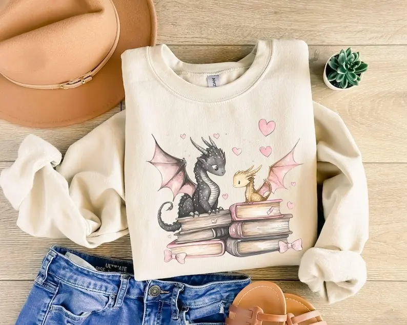 Cute dragon couple sweatshirt, Gildan sweatshirt dragon lovers, Cartoon dragons on books hoodie, Dragon couple love book sweater
