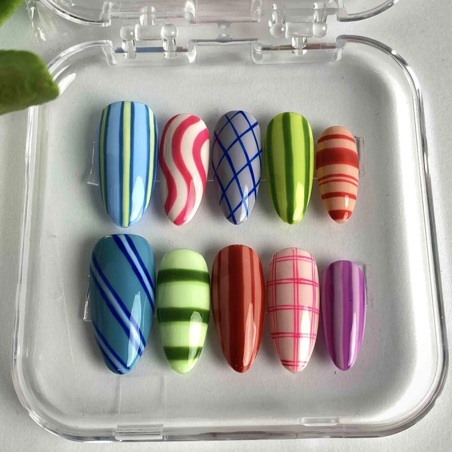 Handmade Colorful Stripe & Plaid Press On Nails: Glossy Almond Shape