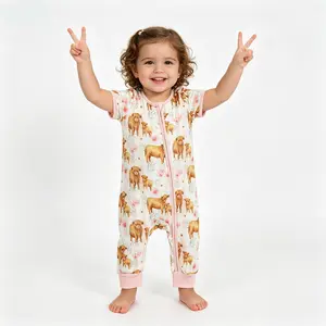 Baby Girl Highland Cow Floral Romper, Zipper One-Piece Pajamas, Cute Highland Cattle Toddler Sleepsuit