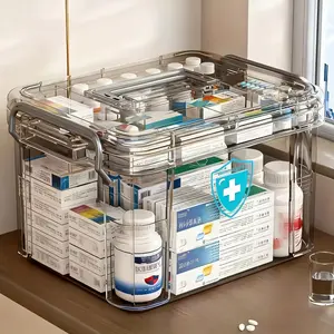 A Durable Double-Layer Medicine Storage Box with a Handle, Display Container, Featuring a Transparent Waterproof Design, Easy-Open Lid for Home Or Travel Use, Multiple Compartments for Organizing Emergency Supplies And Medications, And Clear Sections