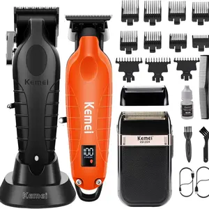 KEMEI Professional Hair Clipper, Hair/Beard Trimmer, Eletric Foil Shaver Set for Men, Cordless Beard Trimmer, Rechargeable Barber Clippers, USB Fade Clipper Haircutting Kit, KM 2296, KM 2024, KM 2293 Orange