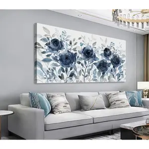 Framed Shoci Large Flowers Wall Art - Indigo Floral Canvas Picture for Living Room Aesthetic Navy Blue Retro Blossom Painting Prints Decor Modern Botanical Artwork Wall Art for Bedroom Decoration 32" X 16"