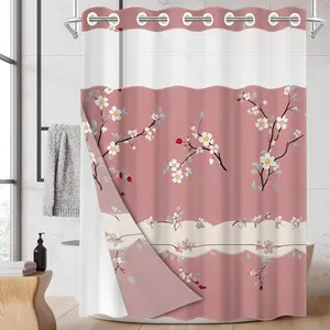 1pc hookless shower curtain with buckle lining, spring pink and white cherry blossom branch design, 2D flat printing, fabric waterproof lining, see-through double-layer shower curtain, 71 x 74 inches, modern home draping curtain.