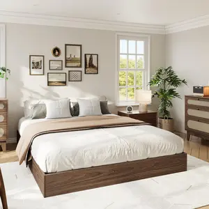 Full Size Solid Wood Platform Bed with Sturdy Wooden Slats, Floor-Standing Bed Frame, No Box Spring Needed, Easy Assembly, Walnut Wood