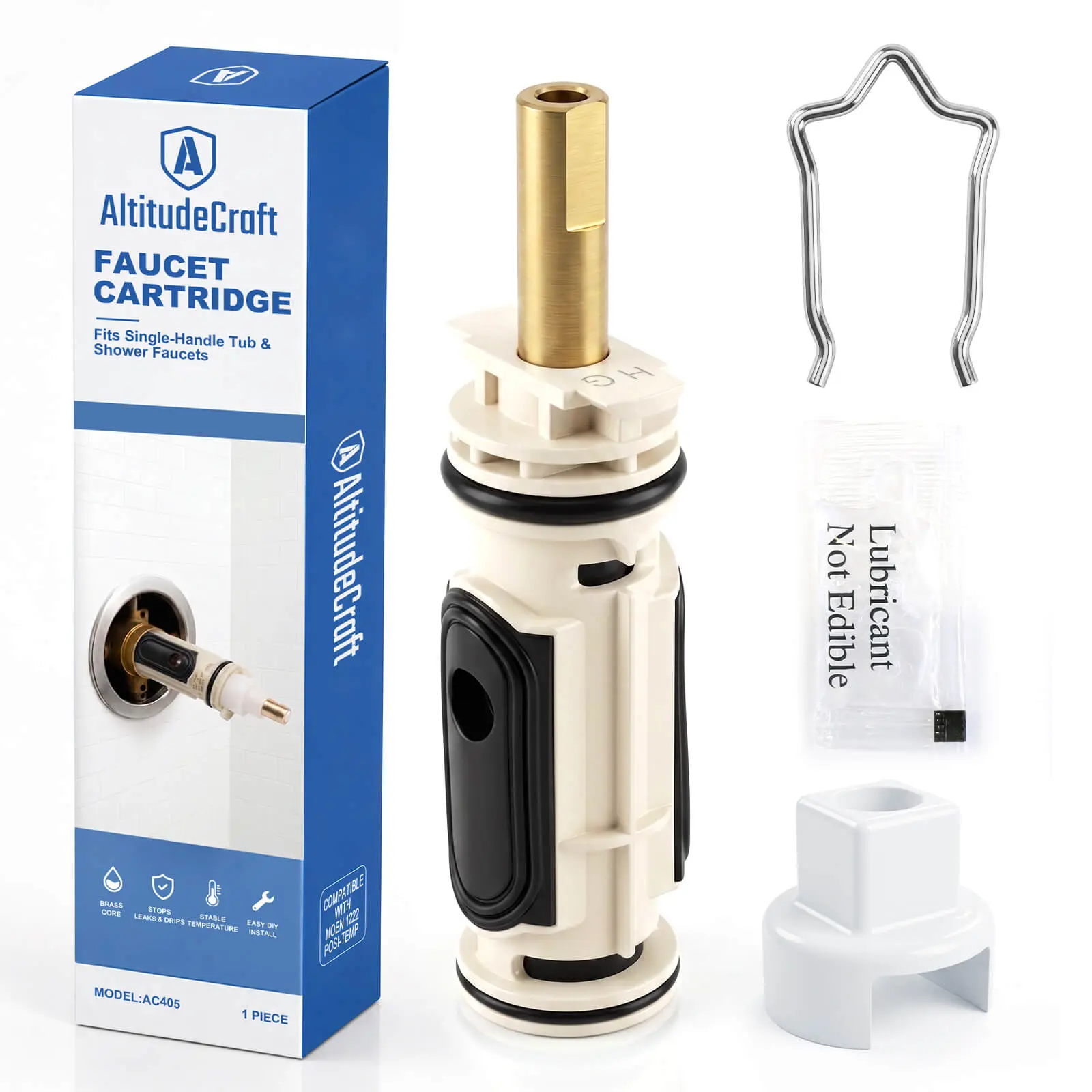 Brass-Core Shower Cartridge Compatible with MOEN 1222 Posi-Temp Valve - Fixes Leaks, Repairs 1-Handle Taps, Includes Retaining Clip, Tested Through 80,000 Operating Cycles, Addresses Common Shower Repair Issues