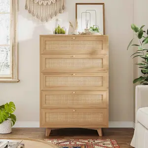 Sikaic Rattan Dresser for Bedroom, 5 Drawers Dresser with Natural Rattan Drawers, Wooden Tall Cabinet with Gold Handles, Modern Closet Storage Chest of Drawers for Nursery Entryway Living Room