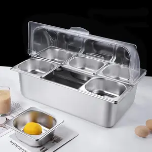 CNCEST 6-Pan Stainless Steel Buffet Food Display Tray Serving Station with Clear Roll Top Cover, Hot/Cold Water Base, Stackable Insulated Modern Containers for Restaurants & Catering