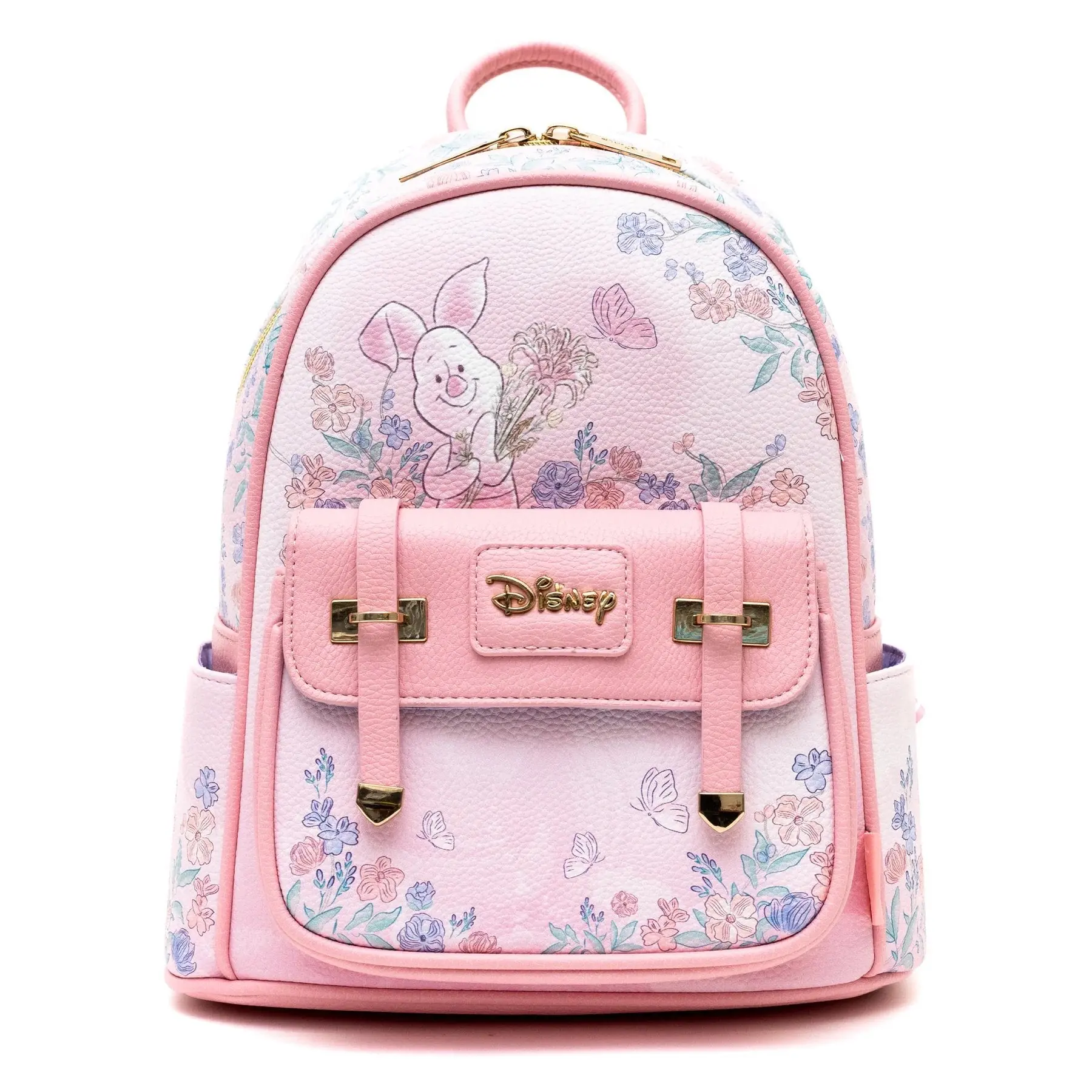 Women's Floral Casual Daypack, Piglet Character Pebbled Faux Leather Mini Backpack with a Magnetic Closure and Double Zip