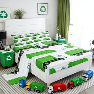 Garbage Truck Boys Sheet Set,Grey Geometric Stripes Bedding Set,Powered Waste Management Recycling Truck Deep Pocket Sheet Kids Teens,Green Cartoon Vehicles Fitted Sheet