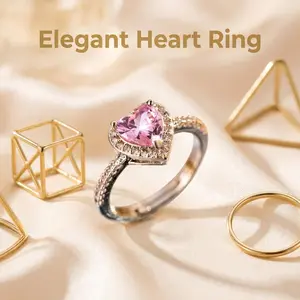 Mother’s Day Gift for Mom, Pink Heart CZ Adjustable Ring Gift Box Set, Meaningful Jewelry for Mother, Grandma Gift, Sentimental Mother’s Day Jewelry